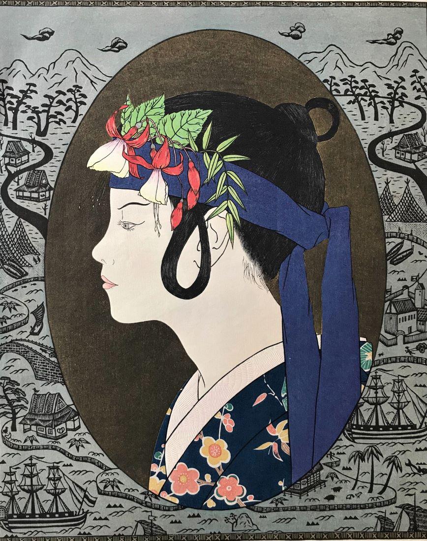 Yoshimi Okamoto (b-1950) Woodblock: Yoshimi Okamoto (b-1950) Japanese woodblock in colors, depicting a young female in traditional headdress and kimono. Artist signed, titled and numbered. Sheet size, 19" x 15.5". Unframed.