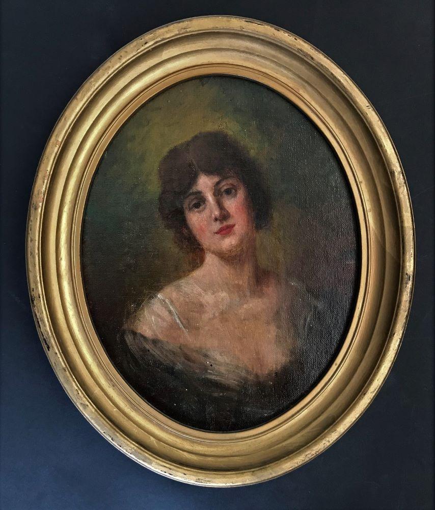 19thc Portrait of a Young Lady, Oil on Board: Framed oil on canvas board. The oval painting depicts a lovely young lady dressed in a formal gown, late 19th / early 20th century. Unsigned. Measures 9.25" x 7.2". Framed 12" x 10" x 1" deep.