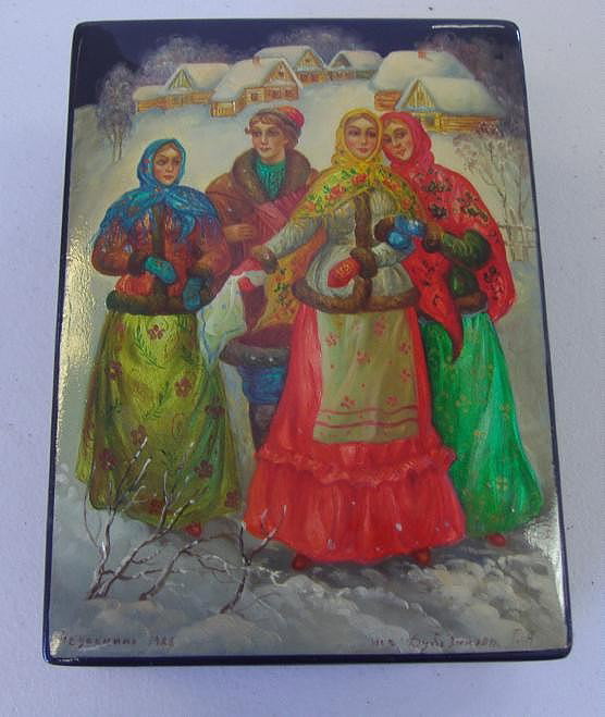 Russian Lacquer Box, dated 1928: Artist signed and dated 1928. The box measures 6" x 4.5" and 2" high. Includes its original box.