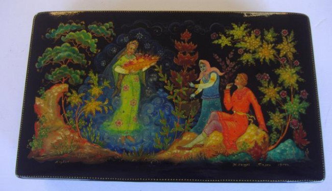Russian Lacquer Box, dated 1974: Artist signed and dated 1974. The box measures 8" x 4.75" and 1.75" high. Includes its original box.