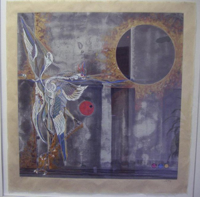 Lu Hong Color Lithograph, Eclipse, Artist Proof: Lu Hong (Chinese/American 20th century) Eclipse--c.1990. Color lithograph on paper. Signed lower right. AP on left corner. Paper measures 38.5" x 38". Framed measurement: 51.5" x 49" Well framed and m