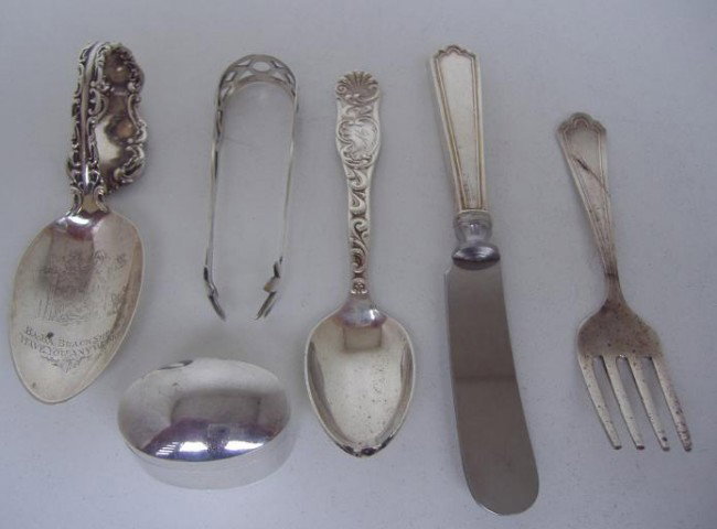 Sterling Child's Flatware, Tongs & Pill Box