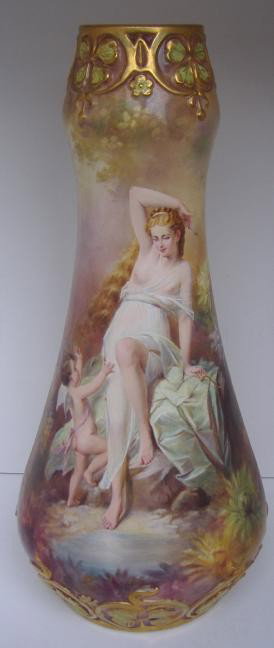 Royal Bonn Art Nouveau Vase, Nude Diana Huntress: Art Nouveau Royal Bonn hand-painted vase depicting Diana the Huntress by the Franz Anton Mehlem Earthenware Factory. This exceptional vase is signed by the artist C. Sticher, Measures 19" tall. No adv