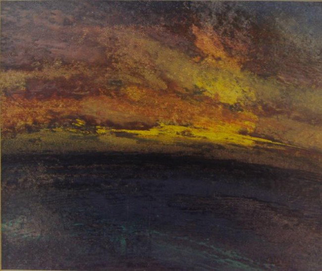 Gary Lundell "Golden Sunset" Mixed Media: Francine Seders Gallery label on the reverse identifying the work by Gary Lundell titled Golden Sunset. The image measures: 6.75" x 8" .Framed and matted measuring 12" x 13.75".