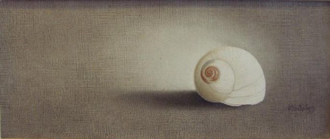 Rosalyn Gale Powell (1929-2007) Nautilus Shell: Oil on board by Washington artist Rosalyn Gale Powell. The image measures, 5.75" x 13.75". Framed measurement: 9.5" x 17.5". Signed lower right.