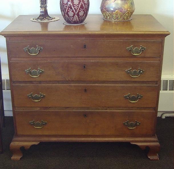 American Chippendale Cherry 4-Drawer Chest,c1790: American four-drawer chest with ogee bracket feet. Poplar-pine linings. Measures, 38" x 21" and 34" high.