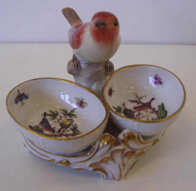 Herend Double Salt Cellar Dish w/Bird Handle: Herend porcelain twin salt cellar with bird formed handle. In the Rothschild bird pattern. Measures 4.25" high.
