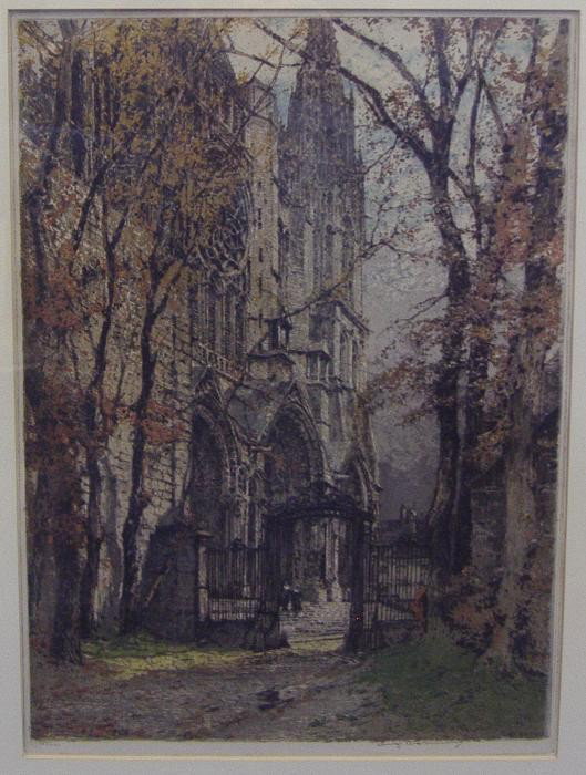 Luigi Kasimir (1881-1962) Chartres Cathedral,: Luigi Kasimir (1881-1962) (Titled lower right) Chartres Edition 289/300 at lower left. Artist signed lower right. Framed and matted. The image size: 17.75" x 12.75". Framed measurement: 27" x 20.5".
