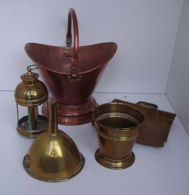 Copper & Brass: Pails, Funnel, Candle Holder,etc