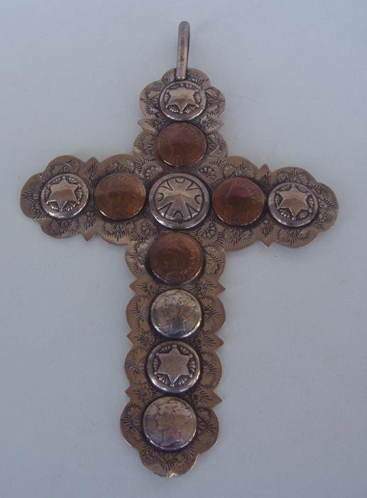 Large Southwest Sterling Indian Head Penny Cross: Large cross measuring 6" tall and 4.5" across. The cross is adorned with 4 Indian Head pennies dating, 1895, 1900, 1906 and 1908. There are also 2 dimes dating 1936 & 1942. The cross is signed on the 