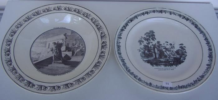 19thc Creil Creamware Bowl and Plate, Paris Expo: Both with black tranfer-printed historical motif. The plate measures 9" in diameter. The bowl measures 9.5" in diameter and 1" deep.