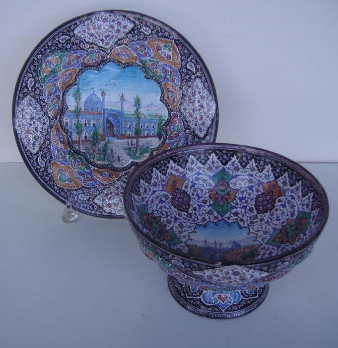 Iranian Enameled Bowl & Tazza Plate: Iranian enameled footed bowl measuring 7.5" in diameter and 4.5" high, together with a footed tazza plate measuring 10" in diameter and 1.5" high.