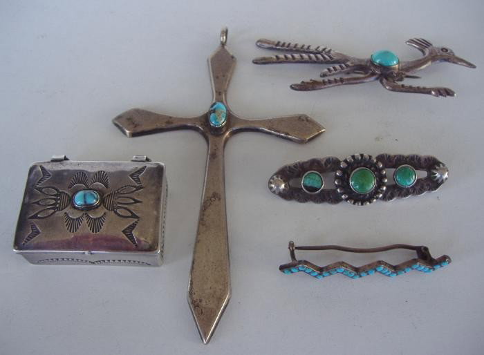 Native American Sterling Turquoise Box Pins Cross: Three Native American sterling and turquoise pins together with a sterling & turquoise cross measuring 4" x 2.5" and a Navajo sterling & turquoise pill box