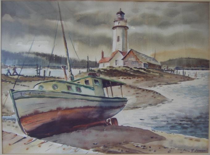 Arne Jensen (1906-?) Lighthouse Watercolor: Watercolor on paper by listed artist Arne Rudolph Jensen. The image measures 14.5" x 19.75". The well framed and matted measurement: 22" x 27". Signed lower right.