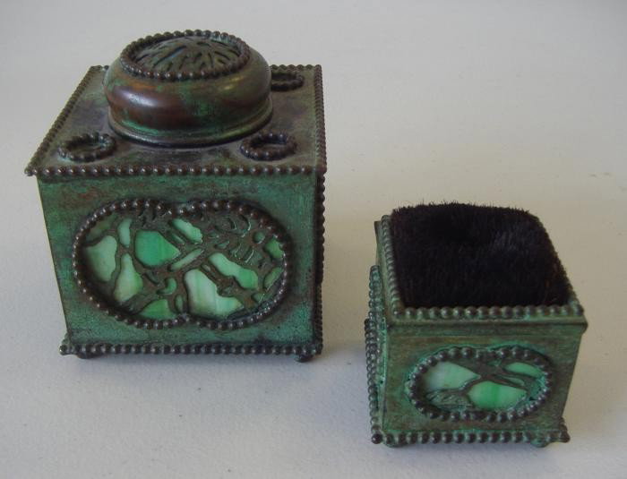 Riviere Studio Bronze Slag Glass Inkwell & Brush: Bronze and slag glass inkwell and brush holder. Both marked Riviere Studio, New York.