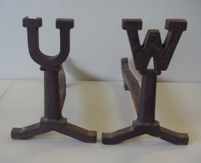 Iron Andirons U & W University of Washington: Each measuring 14 inches tall.