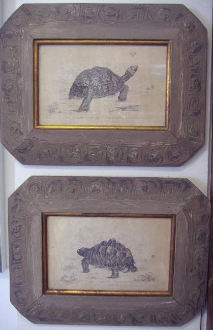 James Martin (1928-) Handmade Wood Frames: Two wood frames with tortoise shell motif, handmade by Washington artist James Martin (label on the backside). The frames each measure 10.25" x 13". The opening measures 8" x 5" and currently house tw