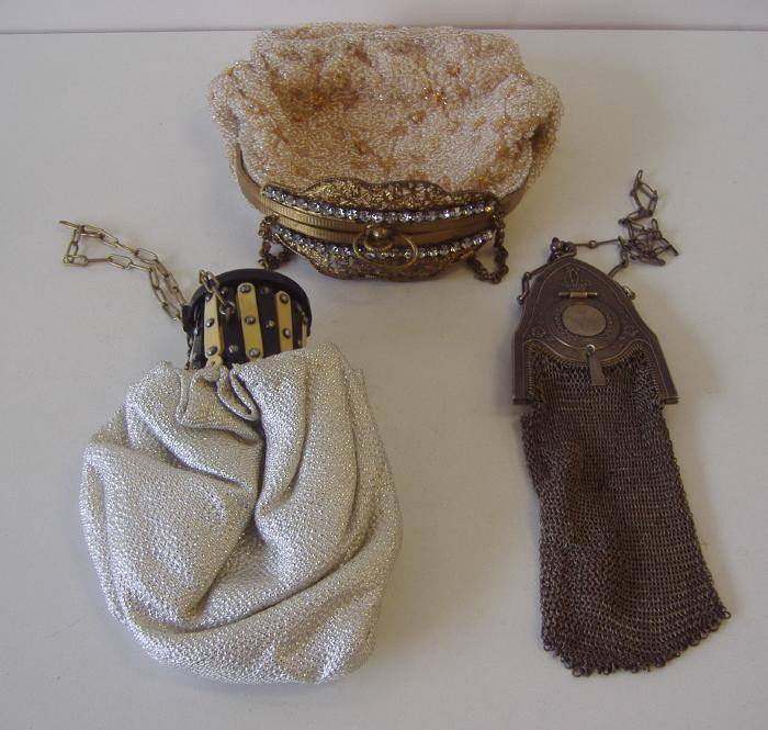 3 Vintage Handbags beaded & mesh, Whiting & Davis: The mesh bag by Whiting & Davis Co. The silver fabric bag has an expanding opening, and the beaded bag has faux diamonds.