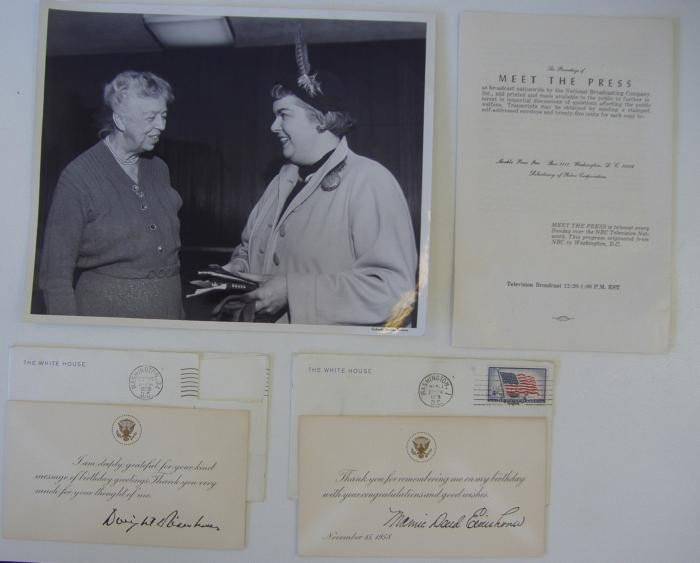 Eisenhower Autograph, Roosevelt Photo, Etc: Autographed thank you notes from Dwight Eisenhower and Mamie Eisenhower on Presidential note cards with original White House envelopes, together with a glossy photo of Eleanor Roosevelt, taken by Rich