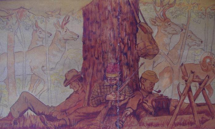 Crosby DeMoss Ernest Hemingway, Cooper Painting: Rare Gouache Painting/Illustration by Crosby DeMoss, depicting Ernest Hemingway, Gary Cooper and Taylor "Beartracks" Williams (their guide) asleep under a tree while wildlife walk by and a mountain li