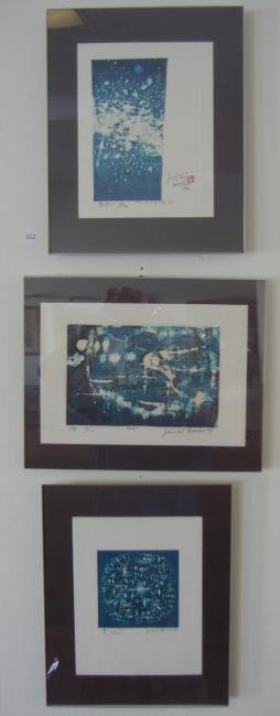 3 Joichi Hoshi Woodblock Prints: Comprised of Milky Way, measuring 5.5" x 3" and dated 68, Pool measuring 4" x 6" and dated 69 and Blue measuring 3.5" x 3.5" and dated 68.