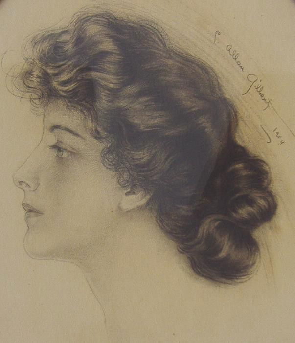 Charles Allan Gilbert (1873-1929) Female Portrait: Charles Allan Gilbert (1873 - 1929) Pencil/Paper Drawing of a young woman. The oval image measures 13.75" x 10.75". The wood framed measurement 16" x 13.5". NOTE: some damage to top of frame. The port