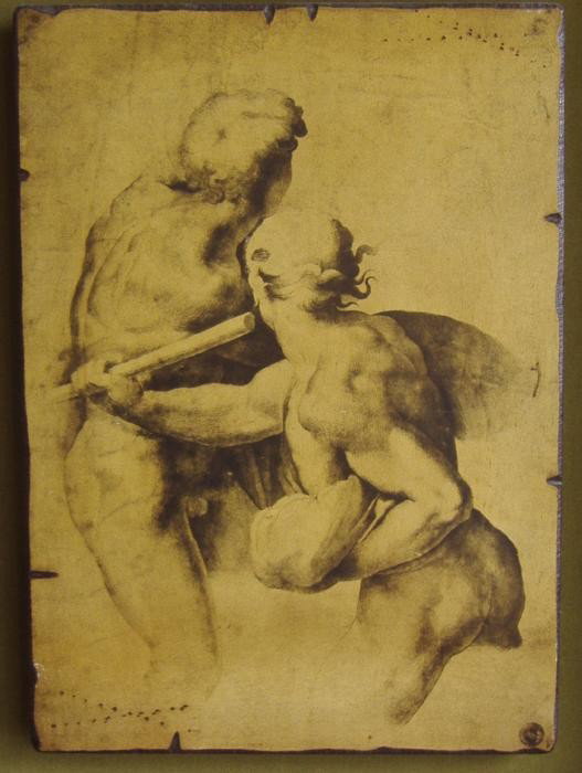 Michelangelo 'Two Grecian Nude Males in Combat': Art print of two nude Grecian men engaged in combat, housed in a shadow box frame. The original by Michelangelo. This image measures 12" x 9". The framed measurement: 20" x 16".