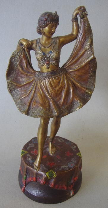 Franz Bergman Cold Painted Bronze Nude Female: Well detailed Austrian cold painted bronze by Franz Bergman (1861-1936). Titled, "Big Windy Day". The back of the female's dress reads Namgreb and the base is additionally signed Nam Greb with the art