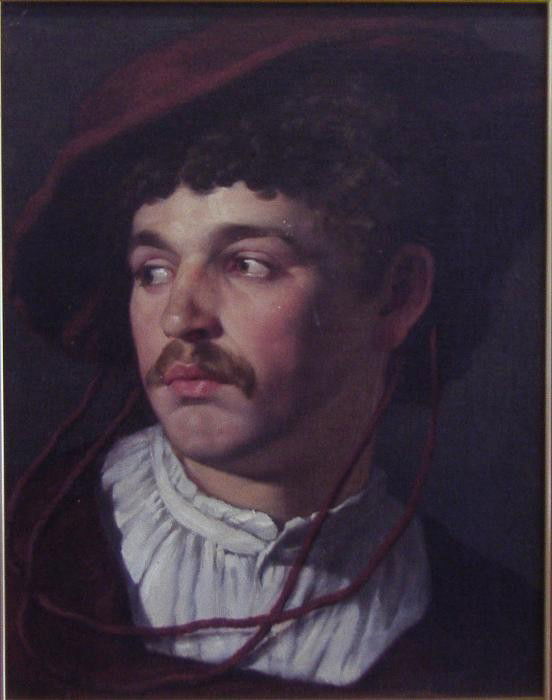 Friedrich August Von Kaulbach (1850-1920): Unsigned portrait oil on canvas board of a young man with a red velvet hat. Attributed to Friedrich August Von Kaulbach. The painting measures 16" x 12.5". The framed measurement; 22.5" x 19".