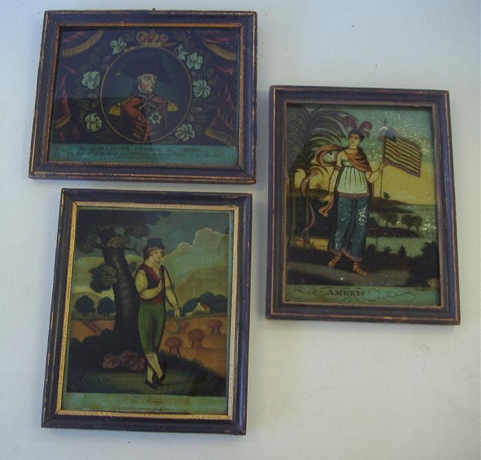 19thc Reverse Painting "America" & 2 Prints: Framed reverse painting on glass "America" by D. Gere, together with two framed 19th century reverse prints on glass,"George the Third" and "The Reaper". Framed measurements: 11.25" x 9". NOTE: losses
