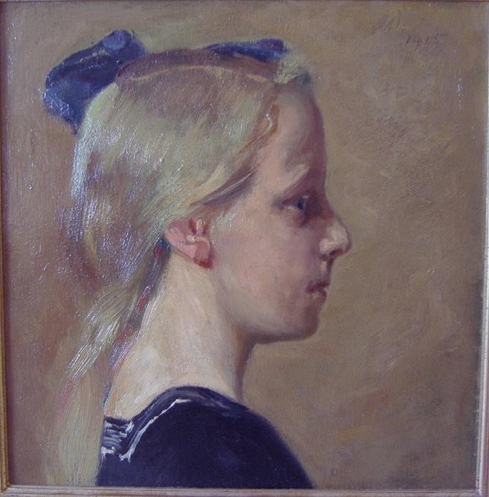 Oil Portrait of a Young Girl, Belgian School: Framed oil on panel "Portrait of a Young Girl". Indistinctly initialed and dated 1915, upper right corner. Belgian school. The image measures 12" x 11.75". The framed measurement, 18" x 17.5", (Purcha