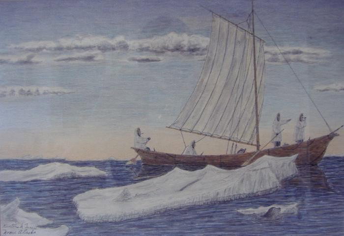James Kivetoruk Moses, (1900-1982) Nome, Alaska: James Kivetoruk Moses (Alaska, 1900-1982), ink and watercolor of Inuits whaling in glacial waters, signed lower left, inscribed Nome, Alaska. The image measures 7.75" x 11.25". The framed measurement: