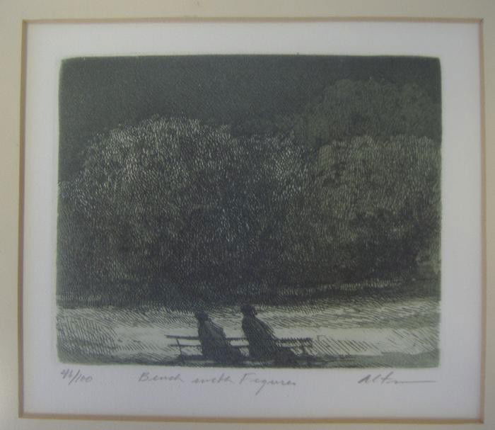 2 Framed Harold Altman Etchings: Harold Altman etching "Four Figures II", the image measuring 3" x 3.75". Signed and numbered 6/135, together with "Bench with Figure", image measuring 3.75" x 4.5". Signed and numbered 46/100. Framed