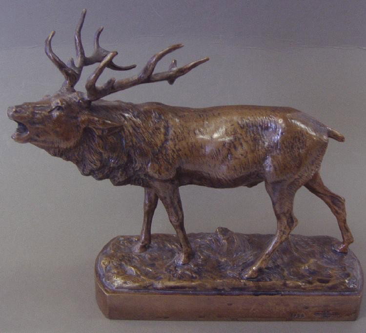 Otto Jarl (1856-1915), Bronze Sculpture of a Stag: Signed Jarl in the base and dated 1905. This bronze stag measures 8" high, 8.5" wide and 3-1/8" deep. The base is numbered 1056 and has the foundry name, (see photos). NOTE: slight looseness to one an
