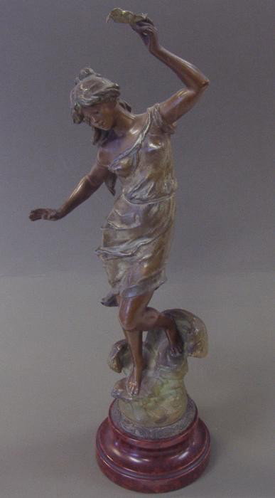 Auguste Moreau Art Nouveau Bronze Sculpture: Bronze sculpture on wood base by Auguste Moreau (1834-1917). Signed in the bronze. A metal tag on the base reads, Oceanide, par Aug. Moreau. The overall measurement on stand is 16" high.