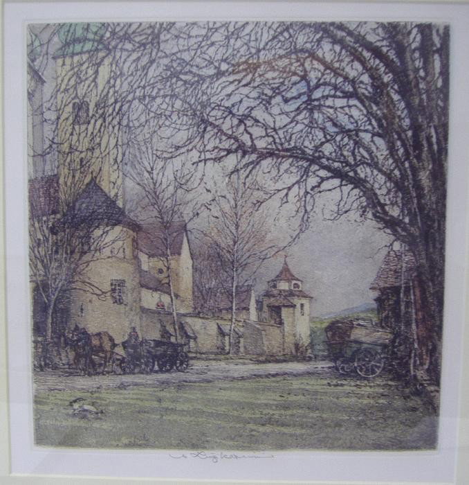 Luigi Kasimir Framed Etching: Framed etching of a European scene by Luigi Kasimir. The image measures 12" x 11.5". The framed measurement, 22" x 21".