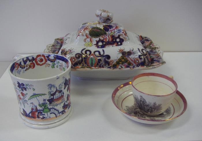 Mason's Tureen, Mug & a Pink Luster Cup & Saucer: Mason's ironstone tureen together with a Mason's mug and a pink luster cup and saucer depicting Moses as a Child being discovered in the reeds. NOTE: Hairlines in tureen, see photos.