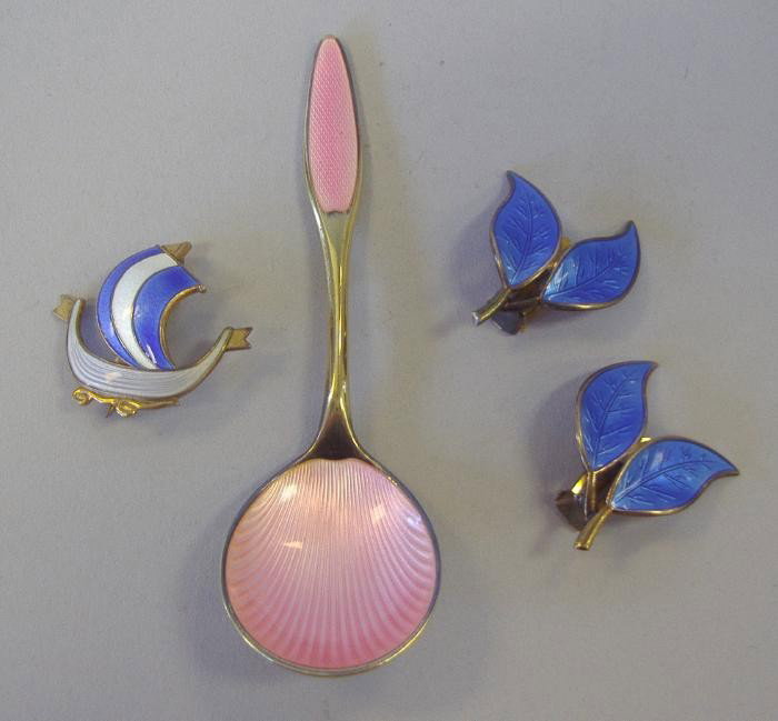David Anderson Enamel & Sterling Jewelry +: Comprised of a pair of sterling and enamel ear clips by David Anderson, Norway, a sterling and enamel pin depicting a ship, signed Norway Sterling , 925S, together with a gilt-sterling and enamel spoo