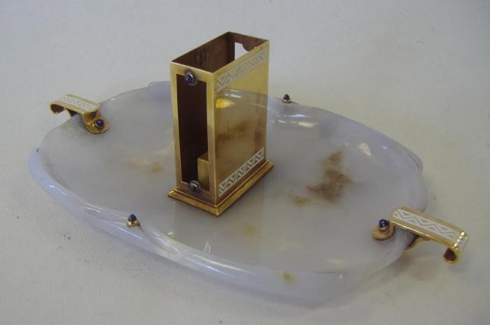 Art Deco Tray & Match Holder, 14K Gold & Sapphires: Well designed Art Deco agate tray and match holder with four sapphire cabochons adorning each side of the tray and 4 sapphires on the match holder. The tray measures 7.75" long from handle to handle a