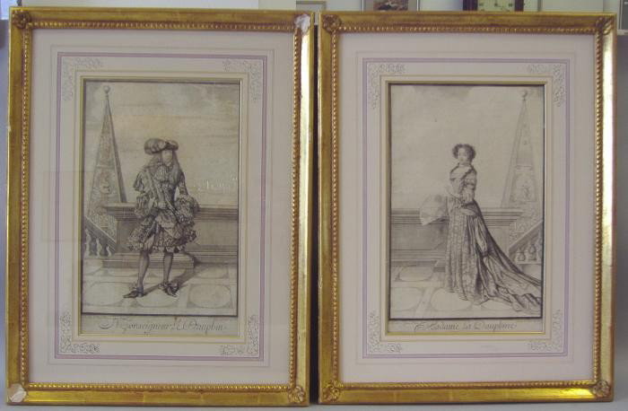 Monseigneur & Madame Le Dauphin Engraving: Two framed engravings titled Monseigneur Le Dauphin and Madame La Dauphine. The engravings are marked J.D.De St. Jean Pinx and Avec Priuil du Roy. The images each measuring 14" x 9". The framed measur