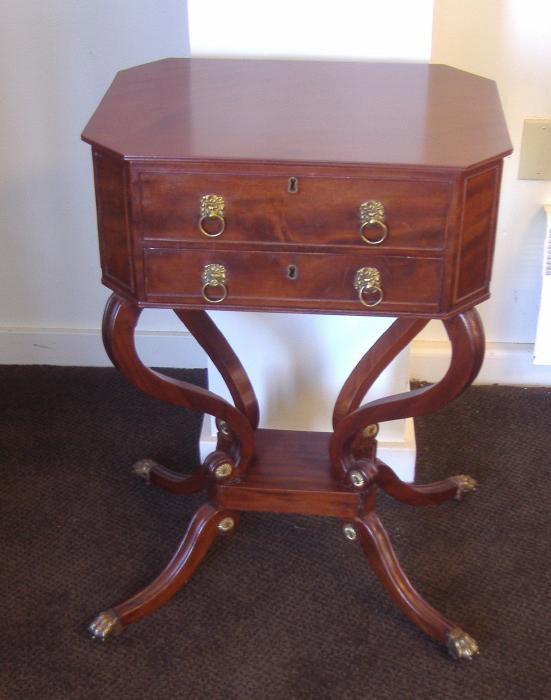English Regency Mahogany Work Table, c.1820: Regency mahogany work table with lift top over a false drawer above one drawer. Fitted interior. Brass lion pulls and paw feet. 29.5" high, 22" wide and 16" deep, (measurement taken at spread of the f
