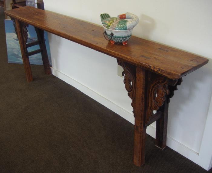 Chinese Elm Wood Altar Table with Carved Brackets: Antique Chinese altar table with carved brackets. Measures 86" long, 11.25" deep and 30" tall.