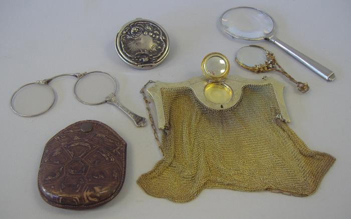 Mesh & Coin Purse,Lorgnette, & Magnifying Glasses: Comprised of a mesh purse with mirrored pill box, silver lidded coin purse, a folding lorgnette with case and two magnifying glasses. NOTE: push clasp on pill box missing, although the pill box does s