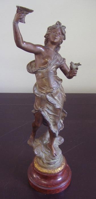 Auguste Moreau Art Nouveau Bronze Sculpture: Bronze sculpture on wood base by Auguste Moreau (1834-1917). Signed in the bronze. A metal tag on the base reads, Circe, par Aug. Moreau. The overall measurement on stand is 15.5" high. NOTE: repair t