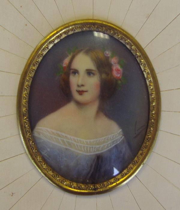 Framed Miniature Ivory Portrait of Jenny Lind: Portrait miniature of Jenny Lind housed in an ivory frame. The portrait is signed and measures 2" x 1.5". The framed measurement, 4" x 3-3/8".