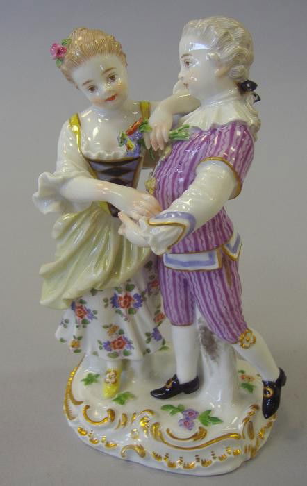Fine 19thc Meissen Porcelain Young Dancing Couple: Very fine 19thc Meissen porcelain figurine depicting a young dancing couple. Signed with the Meissen crossed swords mark and impressed Q. 113 and 49, and painted numbers 64. Measures 5.75" high. Exqui