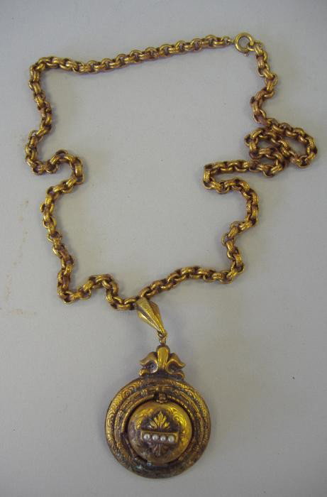 Antique Chain Link Necklace with Locket: Chain link necklace attached to a Victorian locket set with four seed pearls.