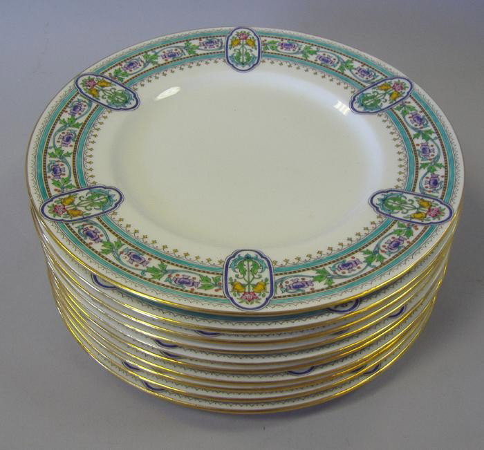 Set of 10 Mintons Porcelain Dinner Plates: Set of ten 10.25 inch diameter dinner plates by Mintons, England with hand-painted decoration. Pattern number 2616.