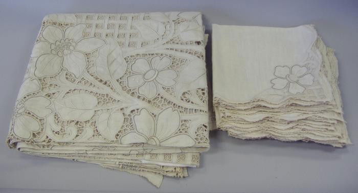 Linen & Needlepoint Tablecloth and 18 Napkins: Linen & needlepoint table cloth measuring 132" x 62", together with eighteen napkins measuring 21" x 20".