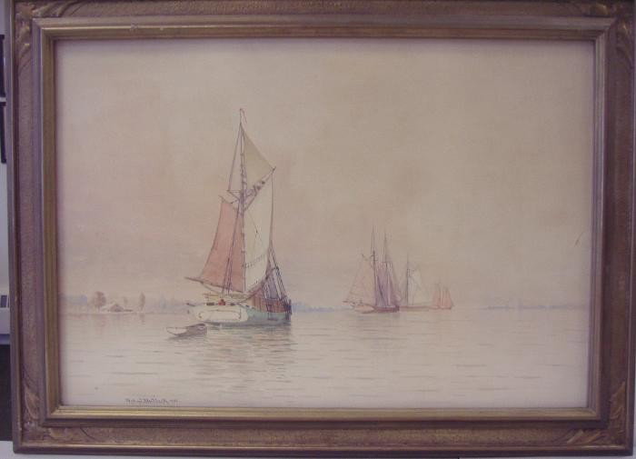 Nathaniel Bullock (1848-1901) Nautical Watercolor: Nathaniel C. (Nate) Bullock (1848 -1901), Active in Michigan. Framed nautical watercolor on paper of ships in a harbor. The image measures 17.5" x 25.5". The framed measurement 22.5" x 30.5".